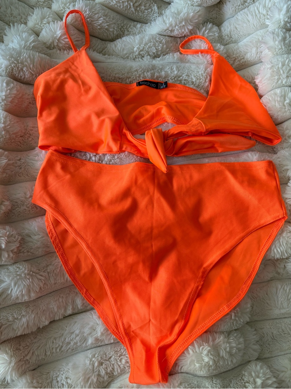 Boohoo Bright Orange Tie-Front Bikini Top